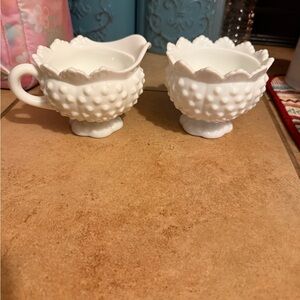 White Hobnail Milk Glass Creamer and Sugar Set